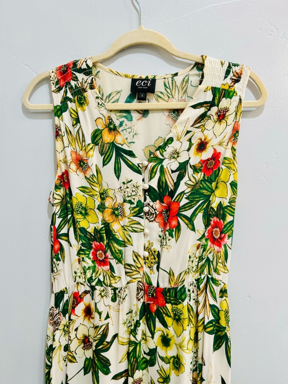 ECI New York Tropical Island Floral Sleeveless Maxi Dress Boho Ruffle Hem Size S - Picture 3 of 11